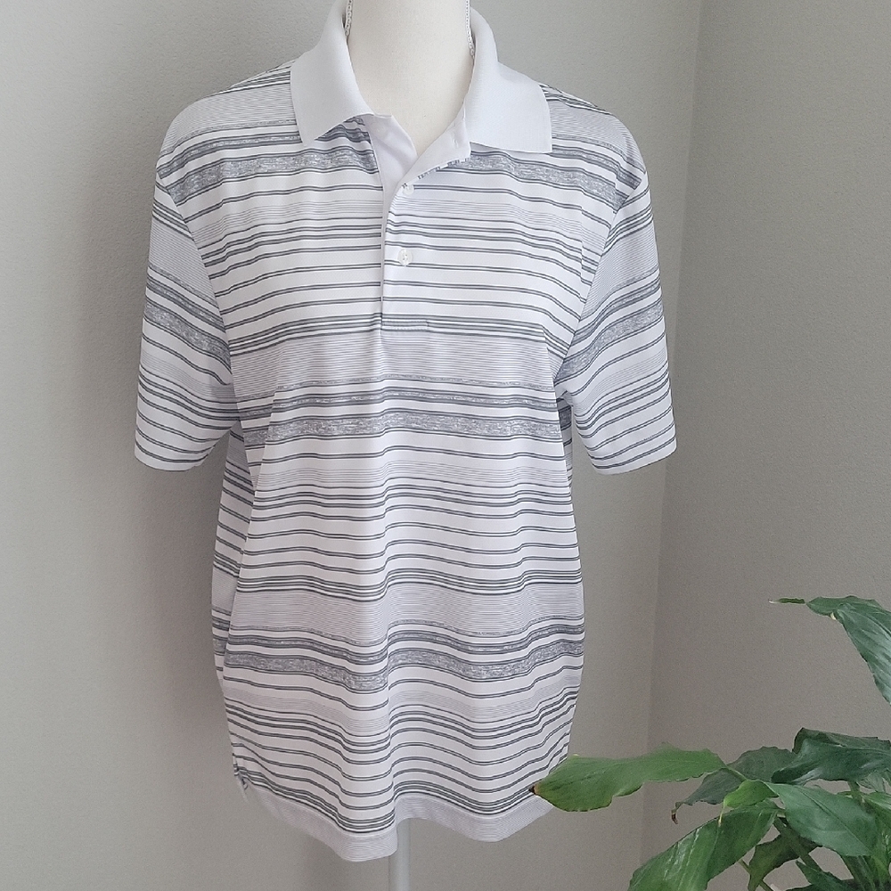 PGA Tour Golf Polo Pro Seroes Athletic Fit Men's Striped Shirt - White and Gray